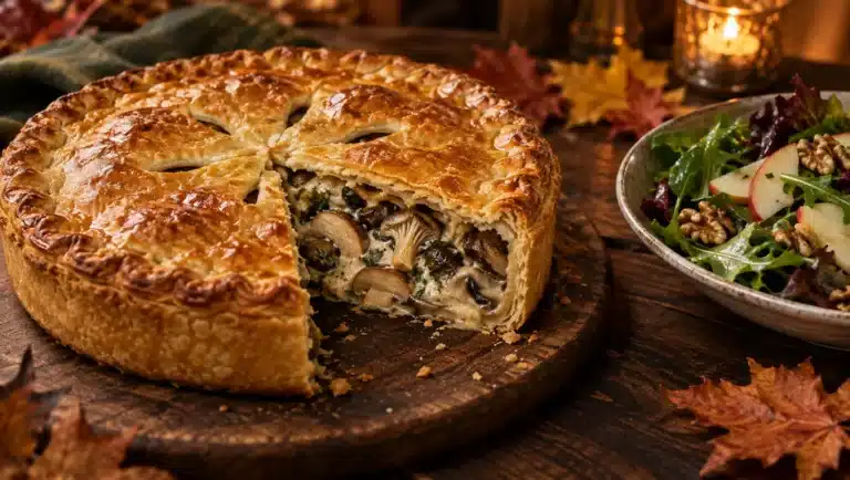 Tourte aux champignons dorée, part coupée montrant la garniture crémeuse aux champignons et aux herbes